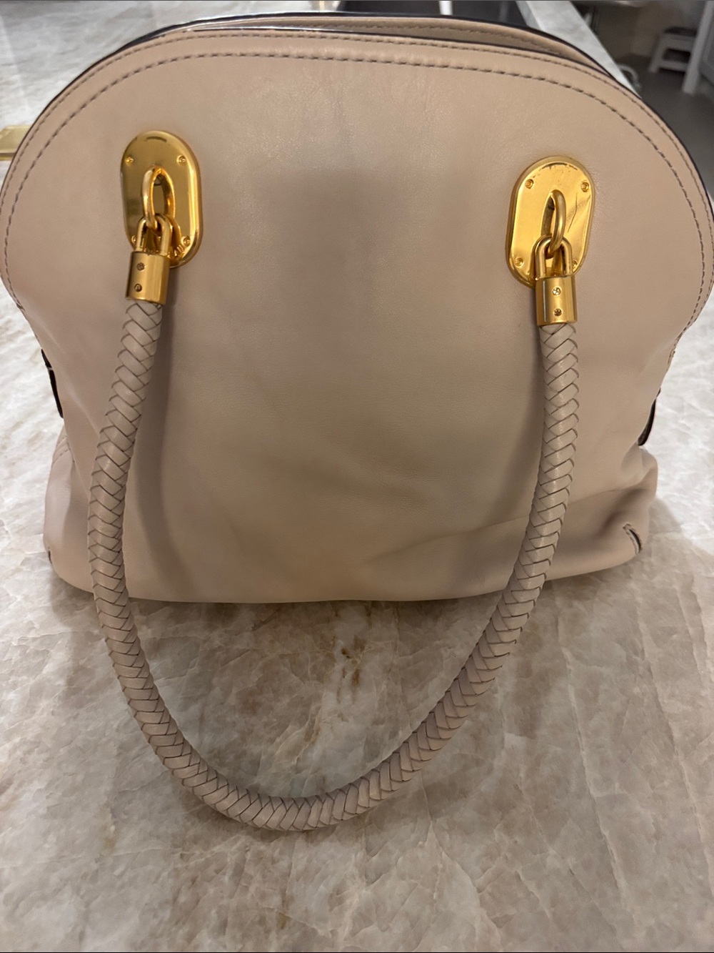Cole Haan Beige Leather Shoulder Bag with Braided Handles and Gold Hardware